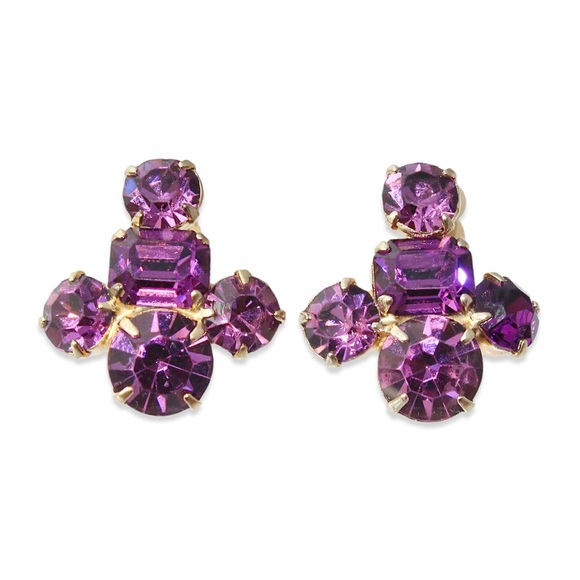 Vintage Coro Purple Rhinestone Cluster Screw Back Earrings Gold Plated Clip On - Picture 1 of 6